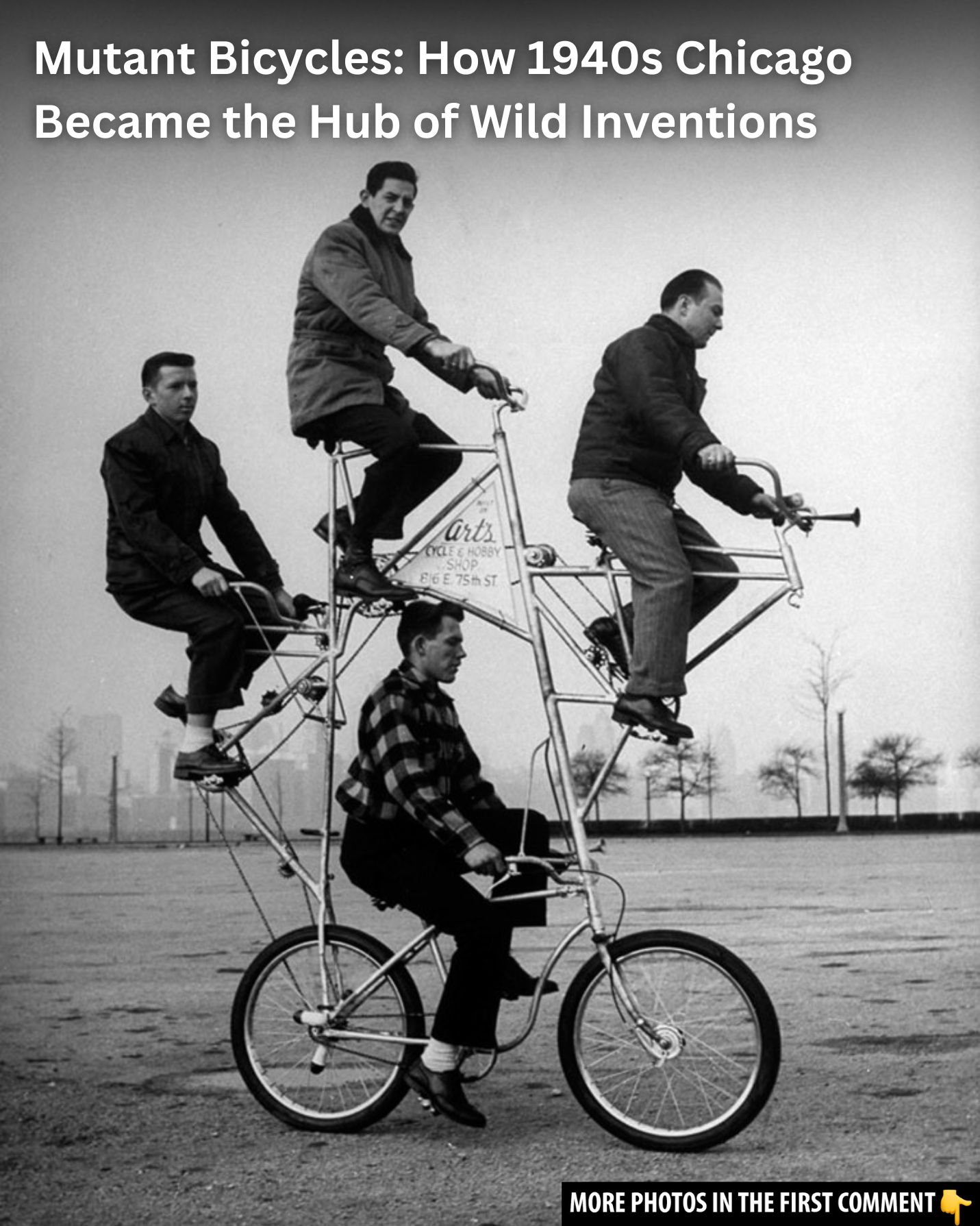 A four-man bicycle powered by five chains, featuring brakes on both wheels, was crafted by Art Rothschild, who famously broke three ribs while learning to ride it.